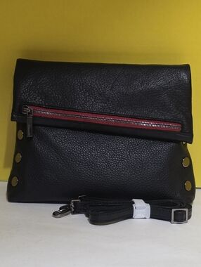 Hammitt Black Leather Medium Vip Crossbody Clutch with Red Zip Accent